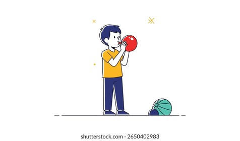 Jovem menino inflando o balão vermelho empolgadamente enquanto joga ao ar livre