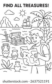 A young boy is intently gazing at a detailed map that depicts a treasure island filled with adventures and exciting possibilities