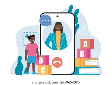 Un niño interactúa con una maestra a través de una pantalla de teléfono inteligente rodeada de bloques de alfabeto y libros, sobre un fondo blanco. Concepto de educación virtual. Ilustración vectorial
