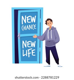Young boy invites you enter open door, gesture flat style, vector illustration isolated on white background. New chance new life inscription on blue door, metaphor, decorative design element