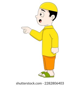 young boy islam is standing pointing with mocking smile expression. vector design illustration art