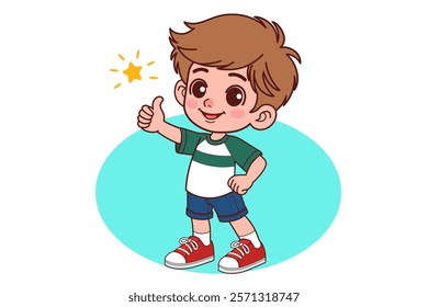 The young boy isolated smiling and raising thumb up. Cartoon People Vector Illustration.