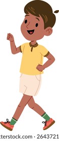 A young boy with a joyful expression walks confidently in a casual outfit. The child strides forward energetically, showcasing a lively demeanor. Cartoon vector illustration.