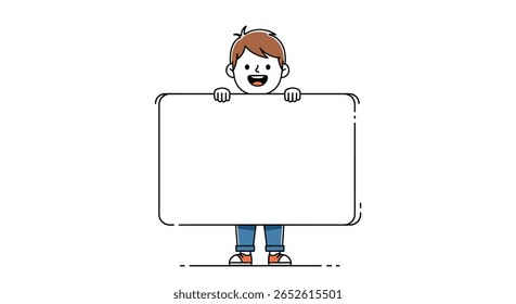 Young Boy Joyfully Presents a Large Blank Whiteboard Sign for Advertising or Announcement Purposes