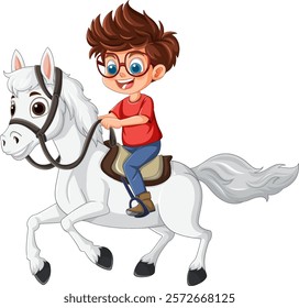 Young boy joyfully riding a white horse