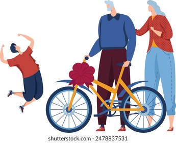 Young boy jumping excitedly beside decorated bike, parents smiling proud. Elderly couple admires childs achievement, bike bow adorned, joyous moment. Family celebrates boys new bike, happy