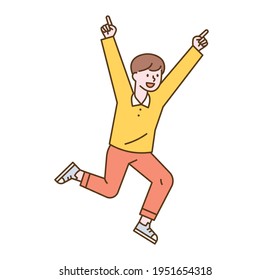 A young boy is jumping with his arms up in the sky. flat design style minimal vector illustration.