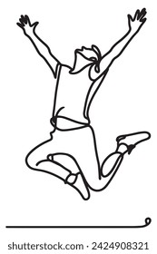 A young boy is jumping for joy. The minimalist illustration uses simple lines to depict the boy's happiness and movement. The single line drawing is a fun and fashionable symbol of summer vacation.