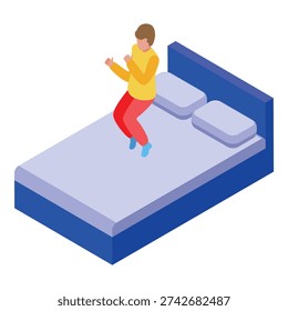 Young boy is jumping on a bed, enjoying his free time at home