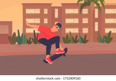Young boy jumping on skateboard in the evening. Landscape with houses, palms and bushes on the background. Happy skateboarder character riding down the street urban vector flat illustration.