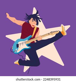 
a young boy jumps while carrying a guitar with a star symbol on the back