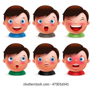 Young boy kid avatar facial expressions set. Cute emoticon heads vector characters isolated in white background. Vector illustration.
