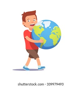 Young boy kid carrying holding planet earth. Youth holding future in their hands concept symbol. Flat style vector illustration isolated on white background.