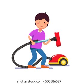 Young Boy Kid Holding Electric Vacuum Cleaner Pipe In His Hands Ready For House Cleaning Chores. Colorful Flat Style Cartoon Vector Illustration.