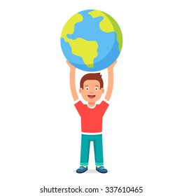 Young Boy Kid Holding Planet Earth. Youth Holding Future In Their Hands Concept Symbol. Flat Style Vector Illustration Isolated On White Background.