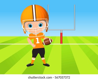 Young Boy. Kid playing American football. Vector illustration eps 10 isolated on white background. Flat cartoon style
