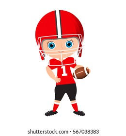 Young Boy. Kid playing American football. Vector illustration eps 10 isolated on white background. Flat cartoon style