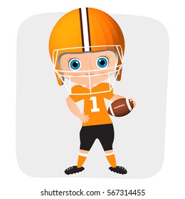 Young Boy. Kid playing American football. Vector illustration eps 10 isolated on white background. Flat cartoon style