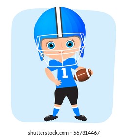 Young Boy. Kid playing American football. Vector illustration eps 10 isolated on white background. Flat cartoon style