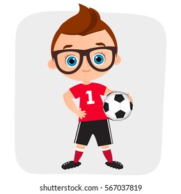 Young Boy. Kid playing football. Vector illustration eps 10 isolated on white background. Flat cartoon style