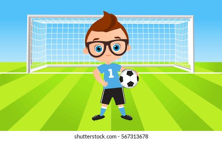 Young Boy. Kid playing football. Vector illustration eps 10 isolated on white background. Flat cartoon style