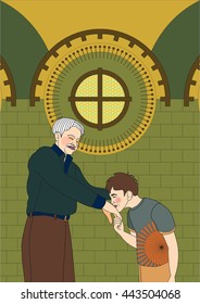 Young boy kissing the hand of his grandfather