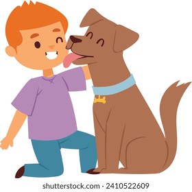 Young boy kneeling beside a brown dog, the dog licking the boy s face happily. Child and pet bonding, love between animals and kids vector illustration.