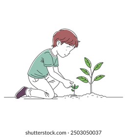 Young boy kneels on the ground, carefully planting a small seedling in the soil, demonstrating a love for nature doodle continuous line art vector illustration.