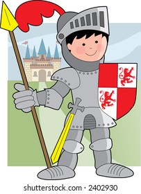 Young boy knight holding shield and spear