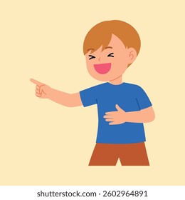 young boy laughing joyfully and pointing finger and other hand on his stomach illustration