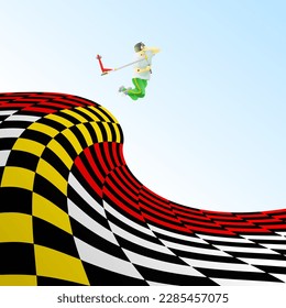 A young boy launch upwards into the sky from a colorful ramp on a stunt scooter bike. Vector illustration. 