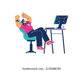 Young boy leaned back in chair and rejoices in victory in computer game flat style, vector illustration isolated on white background. E-sport concept, happy gamer character