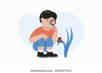 Young Boy Learning Nature by Observing Butterfly with Magnifying Glass