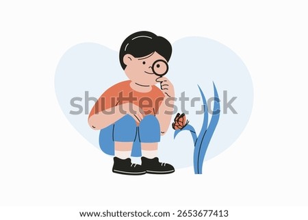 Young Boy Learning Nature by Observing Butterfly with Magnifying Glass