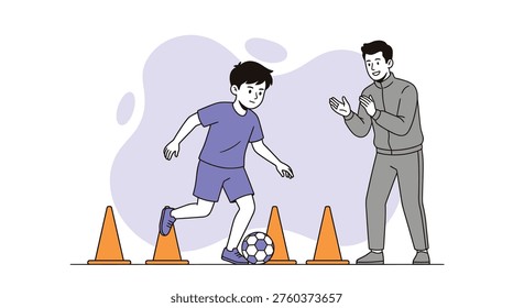 Young Boy Learning Soccer Dribbling Skills with Coach's Encouragement During Outdoor Training Session