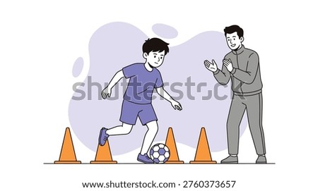 Young Boy Learning Soccer Dribbling Skills with Coach's Encouragement During Outdoor Training Session