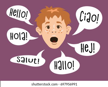 Young boy learning to speak different languages. Word hello greetings. Personal development, mindfulness concept illustration vector.
