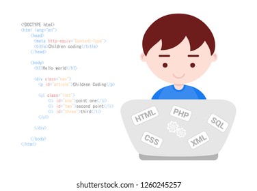 Young boy learns web programming html code on the white background. Vector illustration.