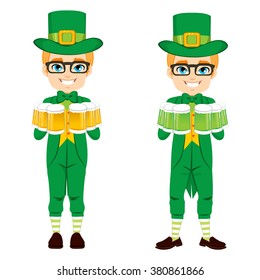 Young boy with leprechaun costume celebrating Saint Patrick day holding golden and green beer mugs