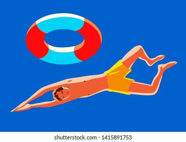 Young boy with lifebuoy is swimming. Summer holiday bright vector illustration.