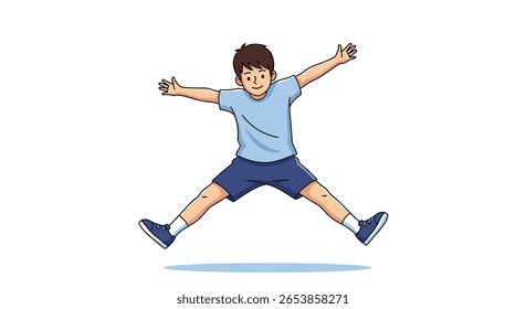 A young boy in a light blue t-shirt and dark blue shorts performs a jumping jack with his arms outstretched and legs spread wide in mid-air on a white background