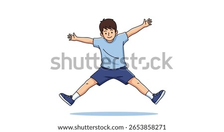 A young boy in a light blue t-shirt and dark blue shorts performs a jumping jack with his arms outstretched and legs spread wide in mid-air on a white background