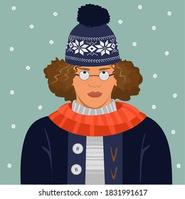 Young boy with long curly hair, wearing a winter hat with a pompom and warm winter clothes. Cold Weather. Cute winter poster design. Abstract male portrait for card and web. Winter and vacation icon.
