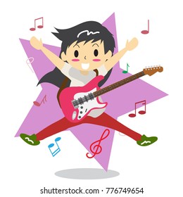 Young boy long hair playing electric rock guitar Happy Love music star Background character design illustration vector in cartoon style