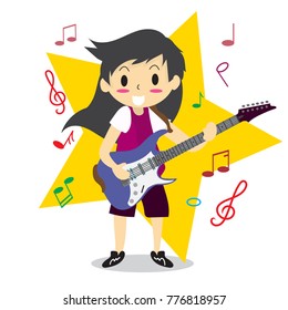 Young boy long hair playing electric guitar Happy Love music Star Background character design illustration vector in cartoon style