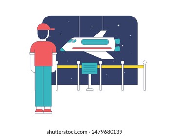 Young boy looking at a museum exhibit of rockets flying in space. Character design. Vector flat illustration