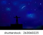 Young boy looking at the night sky and standing on the roof, shadows, night dream, vector.