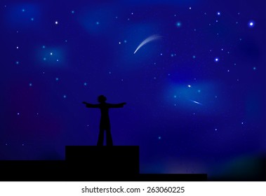 Young Boy Looking At The Night Sky And Standing On The Roof, Shadows, Night Dream, Vector.