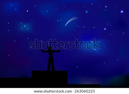 Young boy looking at the night sky and standing on the roof, shadows, night dream, vector.