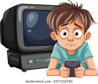 Young boy looking worried while holding a smartphone
